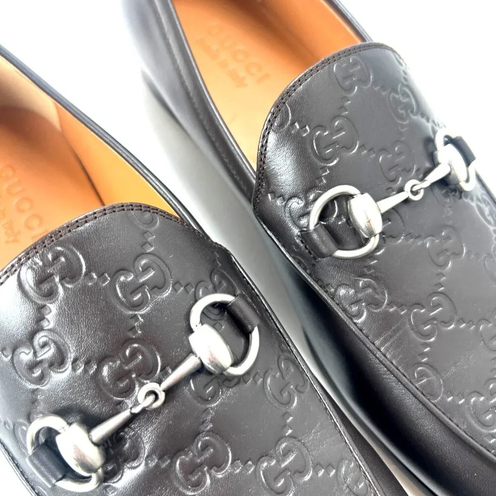 Gucci GG Debossed Leather Men Loafers Horsebit Cocoa Brown Dress Shoes Size IT9